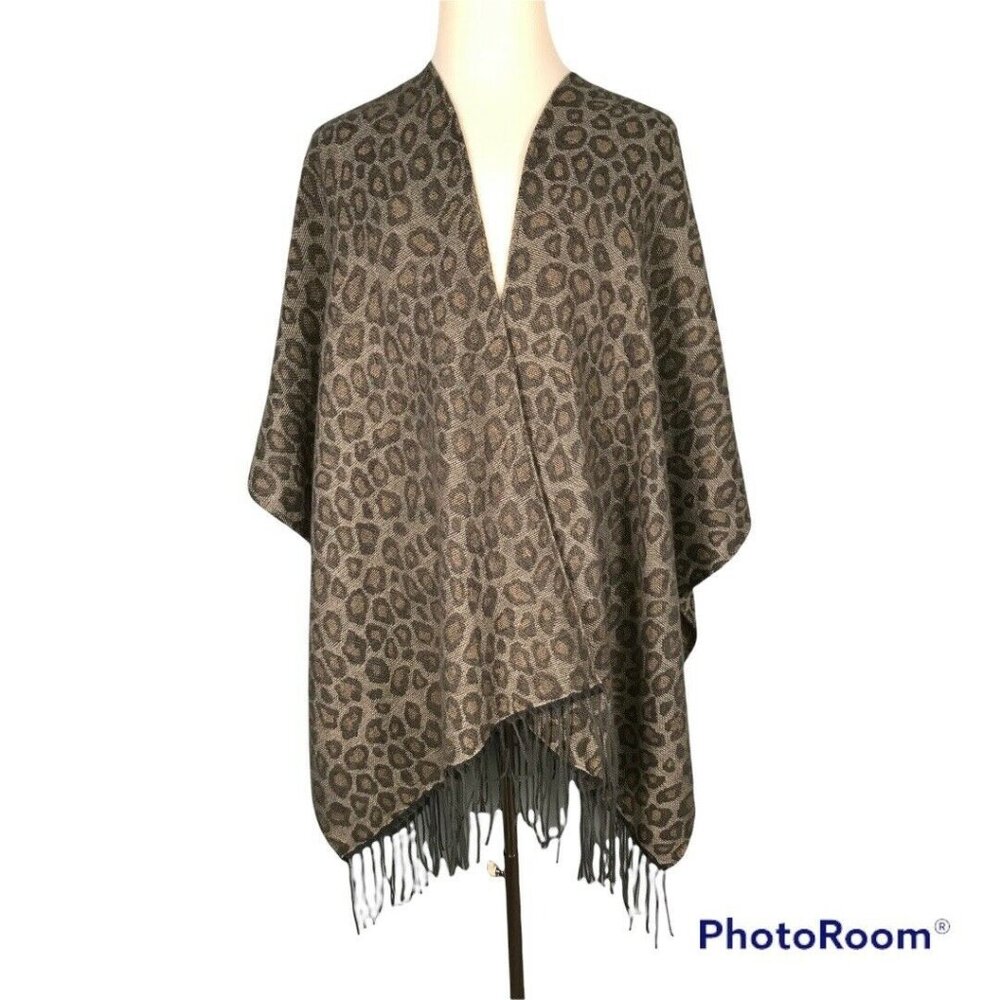 Woolrich Leopard Print Fringe Poncho Wrap One Size Polyester & Viscose Brown/Gra